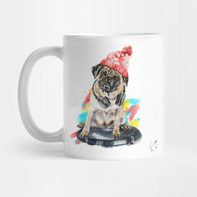 DJ pug dog in a red hat with ones and twos by victoriazavyalova_art
